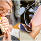 Left: person struggles to eat burrito. Right: product shot of Burrito Pop.